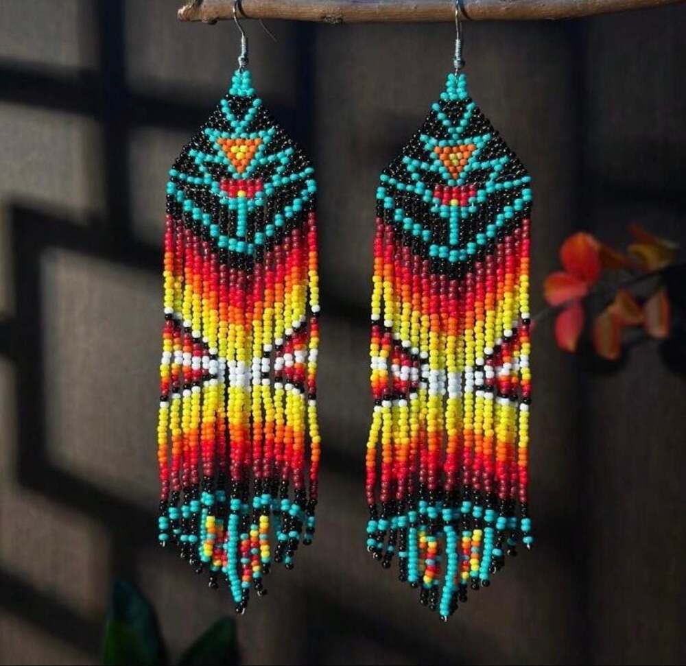 Boho Native American Style Geometric Seed Bead Fringe Dangle Earrings